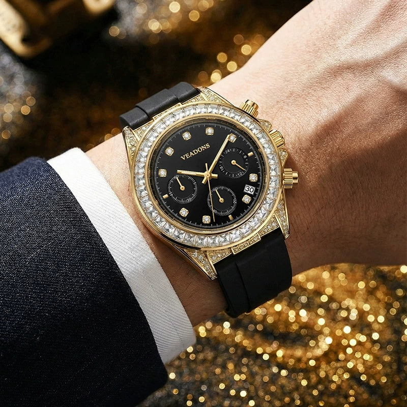 Veadons Chronograph — Gold-Tone, Full Crystal Bezel, Black Dial & Black Rubber Strap, Men