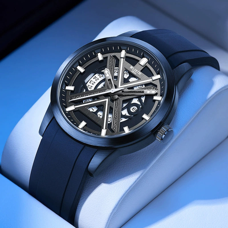 WLISTH 1853 Automatic — Black PVD Steel, X-Bridge Skeleton Dial, Date & Black Rubber Strap, Men