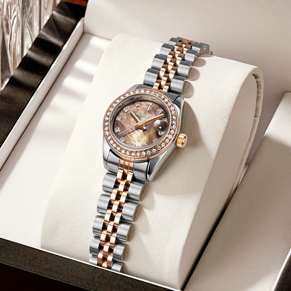 Aimana — Two-Tone Steel & Gold, Diamond Bezel, White MOP Dial & Jubilee Bracelet, Women