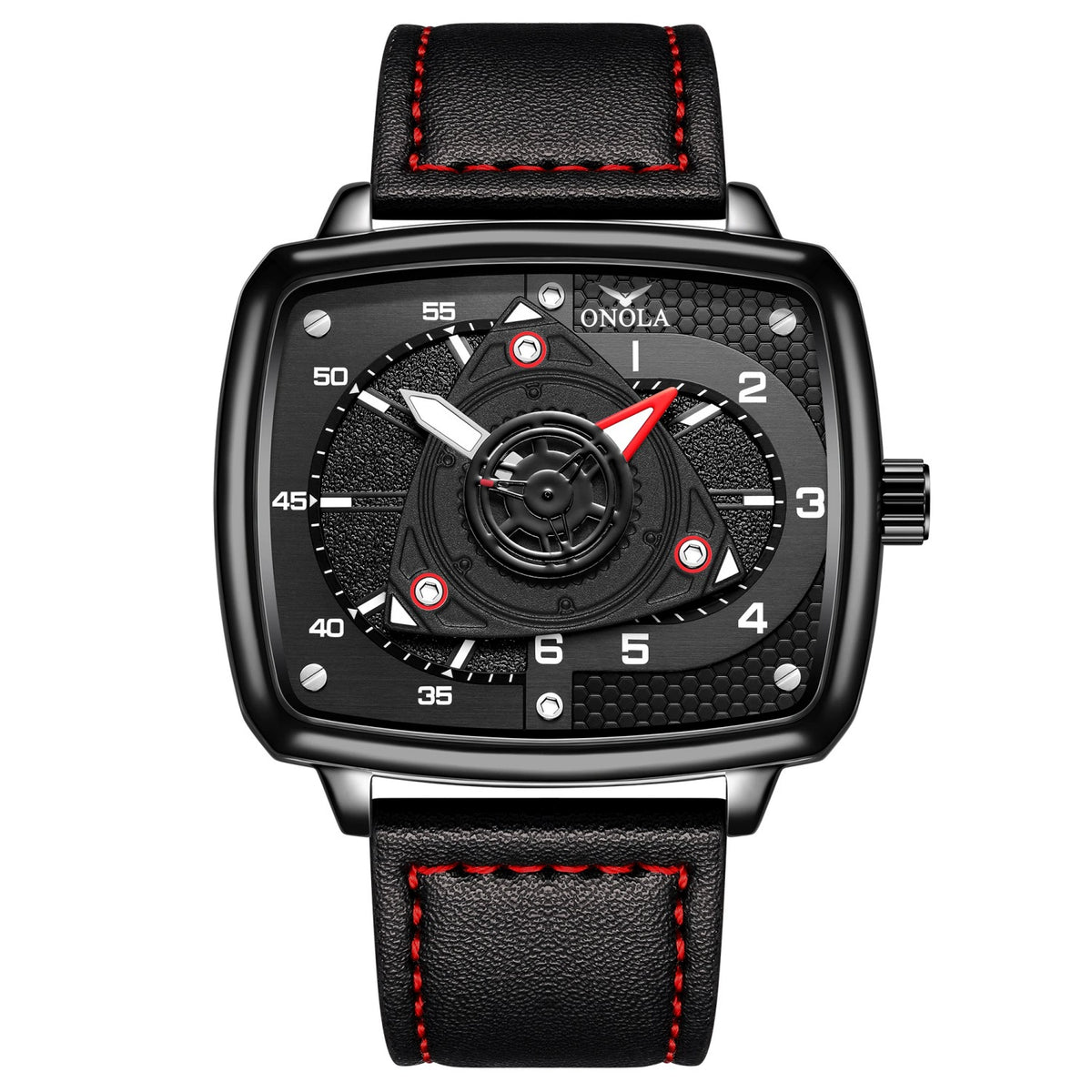 ONOLA — Black Square Case, Yellow Turbine Dial & Black Leather Strap, Men