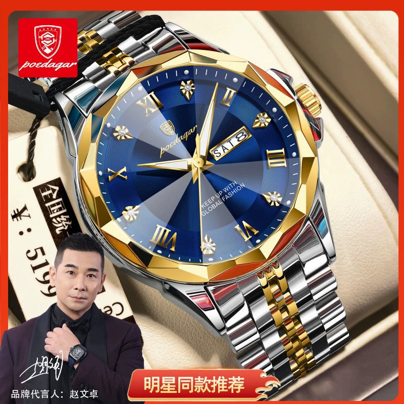 Poedagar — Stainless Steel, White Dial, Day-Date & Steel Bracelet, Men