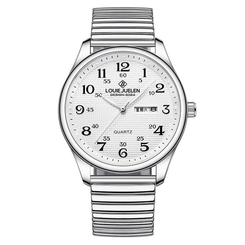 Louie Juelen — Stainless Steel, White Dial, Day-Date & Stretch Bracelet