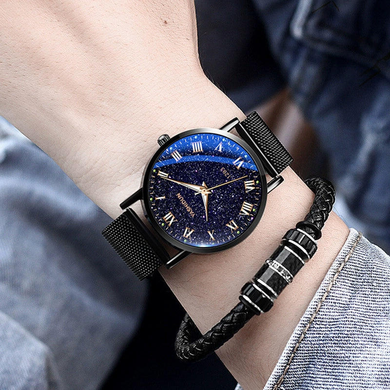 Bocevnor — Black Steel, Blue Galaxy Dial, Arabic Numerals & Black Steel Bracelet, Men