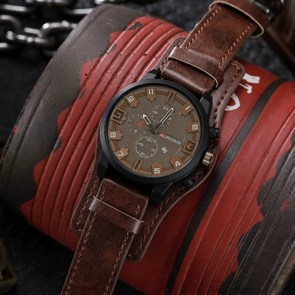 AURIONN Men's Military Chronograph – Grey Dial Wide Leather Strap