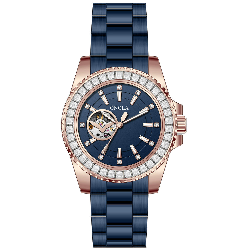 ONOLA Automatic — Steel, Green Baguette Crystal Bezel, Green Skeleton Dial & Steel Bracelet, Men