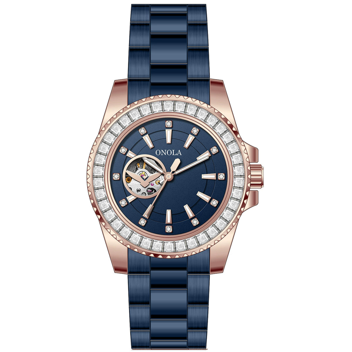 ONOLA Automatic — Steel, Green Baguette Crystal Bezel, Green Skeleton Dial & Steel Bracelet, Men