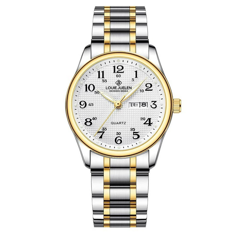 Louie Juelen — Stainless Steel, White Dial, Day-Date & Stretch Bracelet