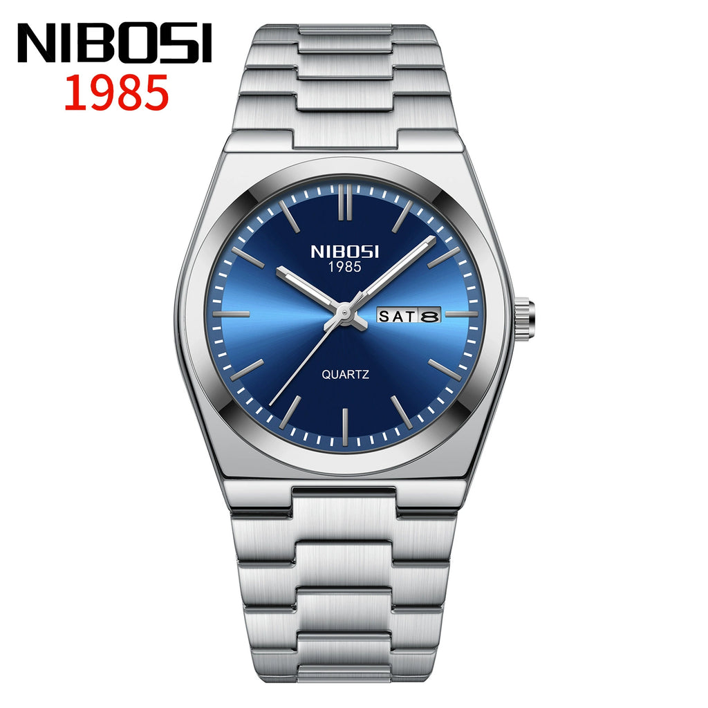 NIBOSI 1985 — Stainless Steel, Blue Sunray Dial, Day-Date & Steel Bracelet, Men