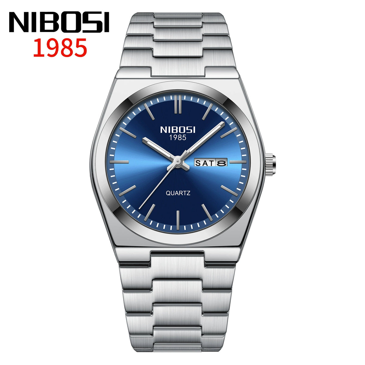 NIBOSI 1985 — Stainless Steel, Blue Sunray Dial, Day-Date & Steel Bracelet, Men