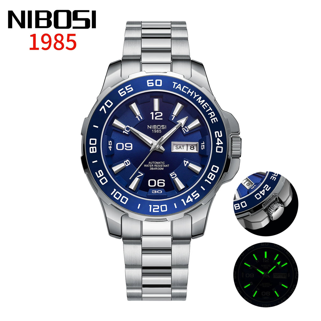 NIBOSI 1985 Automatic — Black PVD Steel, Black Dial, Tachymetre Bezel & Steel Bracelet, Men