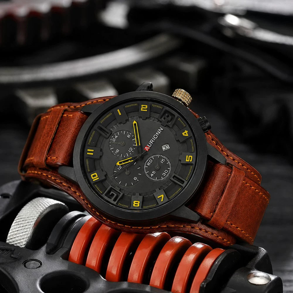 AURIONN Men's Military Chronograph – Grey Dial Wide Leather Strap