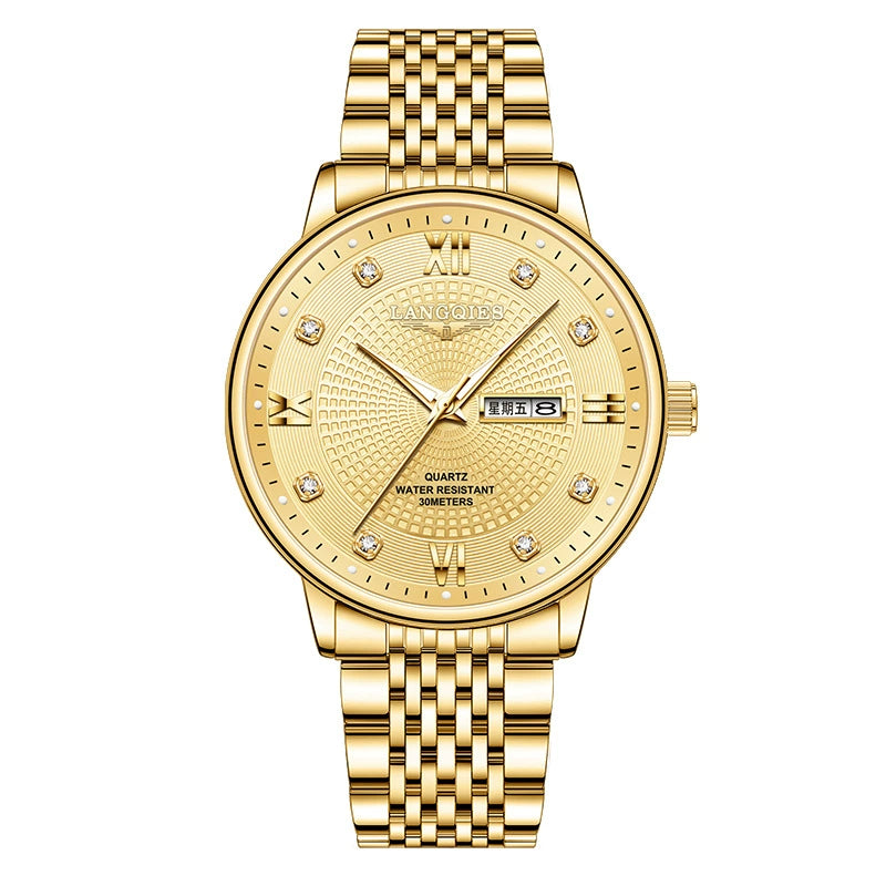 Langqies — Two-Tone Steel & Gold, White Guilloché Dial, Crystal Markers & Two-Tone Bracelet, Men