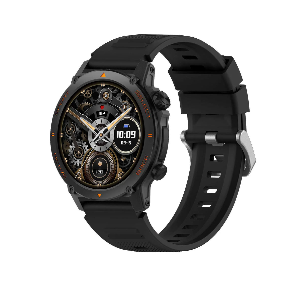 Outdoor Sport Smart Watch — Tactical Case, Heart Rate, Step Counter & Orange Silicone Strap
