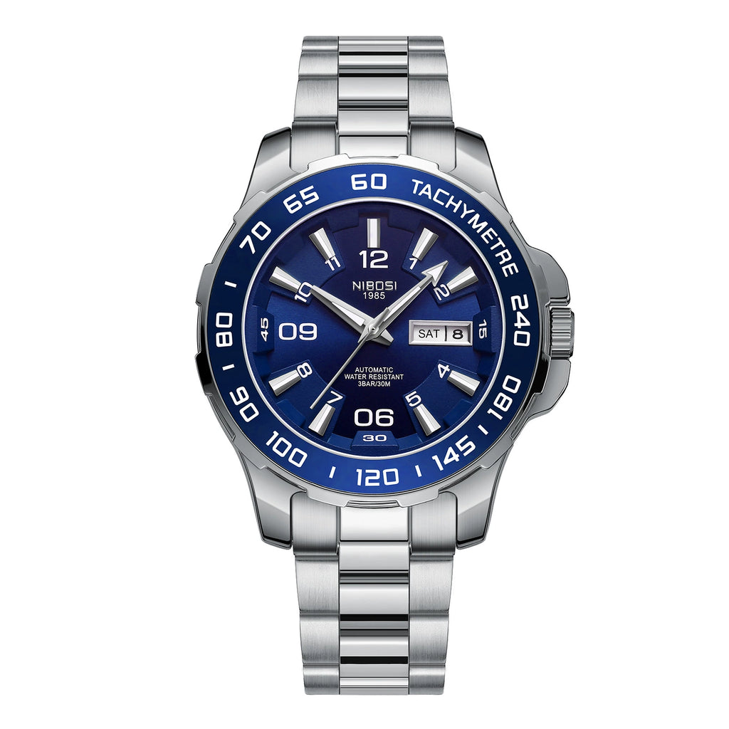 NIBOSI 1985 Automatic — Black PVD Steel, Black Dial, Tachymetre Bezel & Steel Bracelet, Men